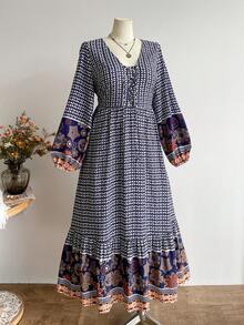 Rusttydustty Vestido largo vintage azul de estilo bohemio para fiesta del té para mujer de talla grande, con dobladillo contrastante - Azul - Ver 2