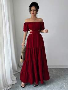 度假风牛仔效果露肩露背系带长裙，夏季 - 酒紅色 - 查看 2