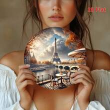 1 Peça Placa de Metal Redonda de 8 Polegadas com Impressão 2D Plana, Vista do Rio de Paris com Torre Eiffel - Decoração de Arte de Parede, Adequada para Decoração Interna e Externa, Casa, Café, Apartamento, Restaurante, Rua, Sala de Estar, Presente de Feriado, Posição Aleatória do Furo