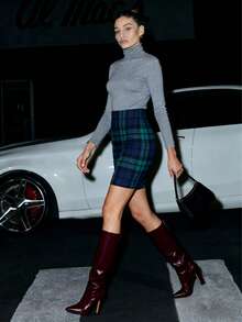 Women Bodycon Mini Skirt, Classic Plaid Print High Waist Zip Up Wool Pencil Skirt - Màu xanh lá cây đậm - Xem 2