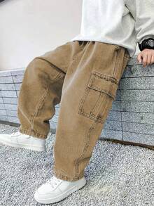 Tween Boy Casual Fashionable Street Style Simple Flap Pocket Cargo Denim Jeans - Khaki - View 5