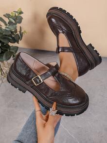 Women's Mary Jane Platform Shoes, Brown, Preppy Style, Suitable For Office Formal Wear, Serrated Edges, Embossed Design, Everyday Wear, And All Seasons. - 棕色心 - 查看 2
