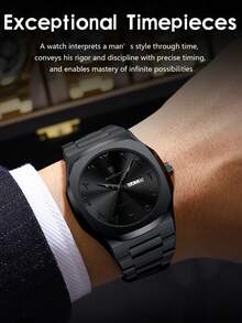 POEDAGAR 1pc Business Men's Stainless Steel Quartz Date Week Watches, 30M Water Resistance Function, Fashion Man Wristwatch Suitable For Work Occasion, Birthday Gifts For Men - Black - View 9