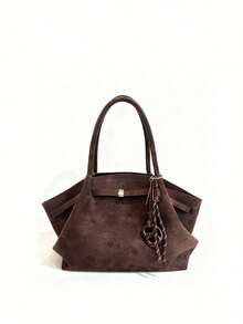 Dedoo 1pc FEISTURE Faux Suede Tote Bag (With Decorative Accessories), Large Capacity Solid Color Mature Elegant Ladies Handbag, Vintage Style Commuter Bag Suitable For Girls, Women, College Students, And Working Professionals - Coffee - View 4