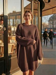 1pc Women Loose Solid Ribbed Knit Pullover Sweater Dress, Casual Everyday Wear, Autumn/Winter - Coffee Brown - View 5