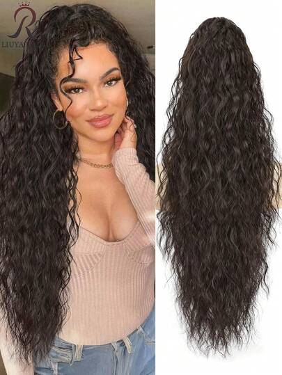 28 Inch Long Wavy Curly Ponytail Clip-In Hair Extensions, Multi-Layer Heat Resistant Synthetic Fiber, Wavy Curly Heat Resistant Fiber Wig, Unisex, Easy To Wear, Black Brown Long Extensions, Suitable For Parties And Daily Styling, Suitable For All Skin Tones, Basic Style, High Temperature Fiber, Natural Appearance