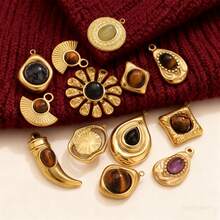 1pc Stainless Steel Minimalist Charm Pendant: Fan, Sun, Water Drop Design Featuring Tiger's Eye Stone Inlay, Black Pendant Necklace & Earring DIY Jewelry Components Women's Stainless Steel Jewelry - 21 Pendant - View 2