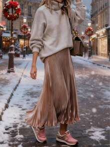 女士休闲圣诞新年派对天鹅绒褶皱松紧腰半身裙 - 香檳 - 查看 1