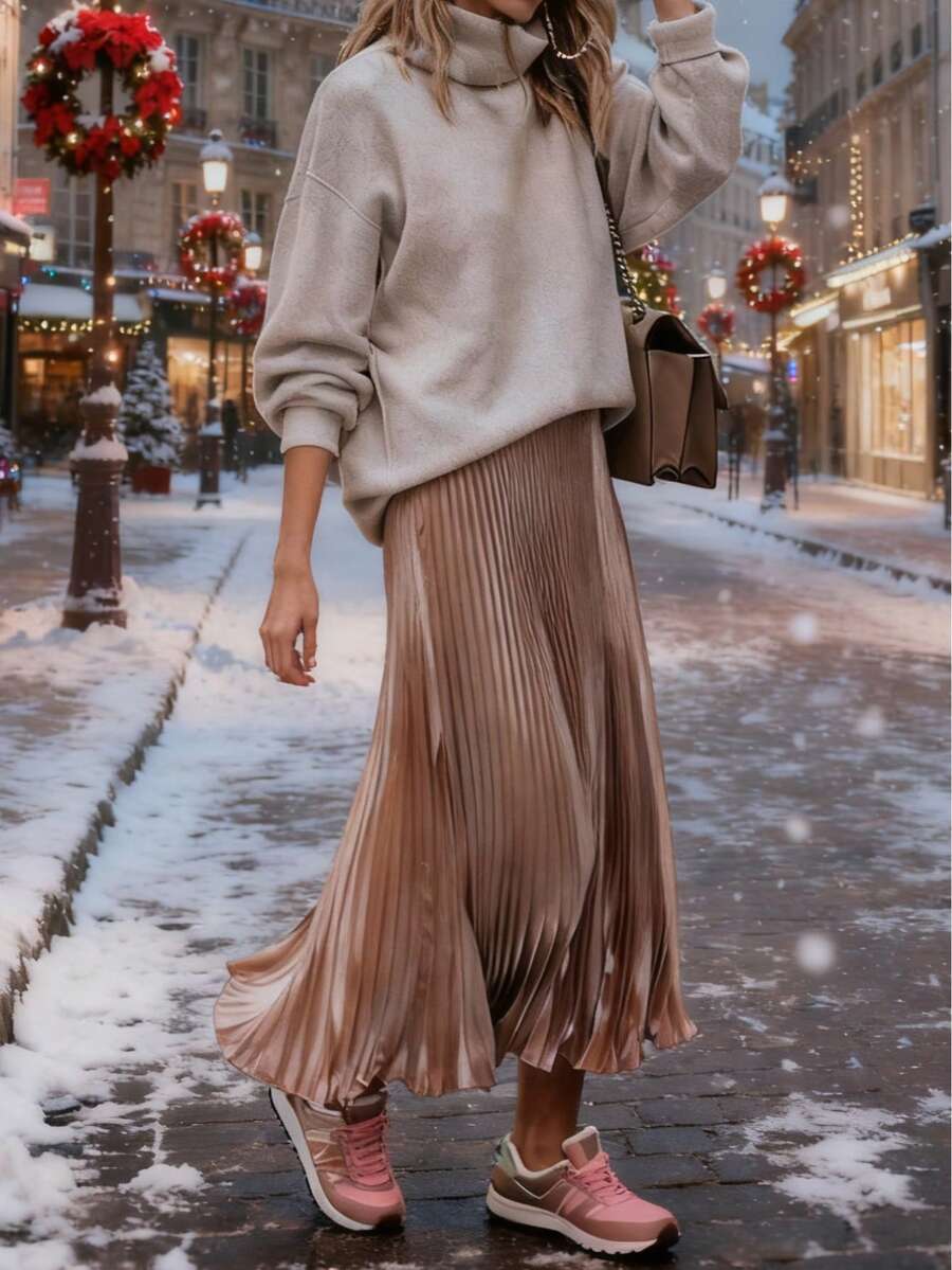 女士休闲圣诞新年派对天鹅绒褶皱松紧腰半身裙 - 香檳 - 查看 1