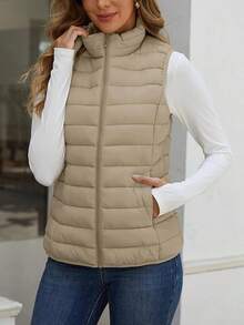 2026 Women's Essential Warm Vest  Lightweight Quilted Puffer Vest Sleeveless Stand Collar Zip-Up Padded Outerwear Gilet ,Classic Versatile For Seasonal Outdoor Use - 卡其色 - 查看 3
