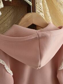 2pcs/Set Girls Hooded Floral Patchwork Fleece Sweatshirt And Pants Set, Autumn/Winter - Pink - View 4