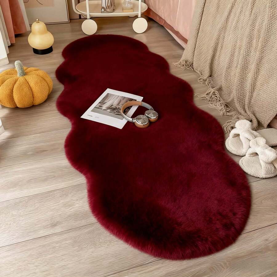 1pc Burgundy Plush Rug, Soft Faux Rabbit Fur Asymmetrical Carpet, 1-5cm Trimming Tolerance, Suitable For Christmas, Thanksgiving And New Year Decoration, Soft And Skin-Friendly, Home Decor Rug For Living Room, Bedroom, Bathroom Or Kitchen, Multiple Colors Available, Bedroom Carpet, Decorative Rug, Small Rug, Carpet, Home Decor, Living Room Rug