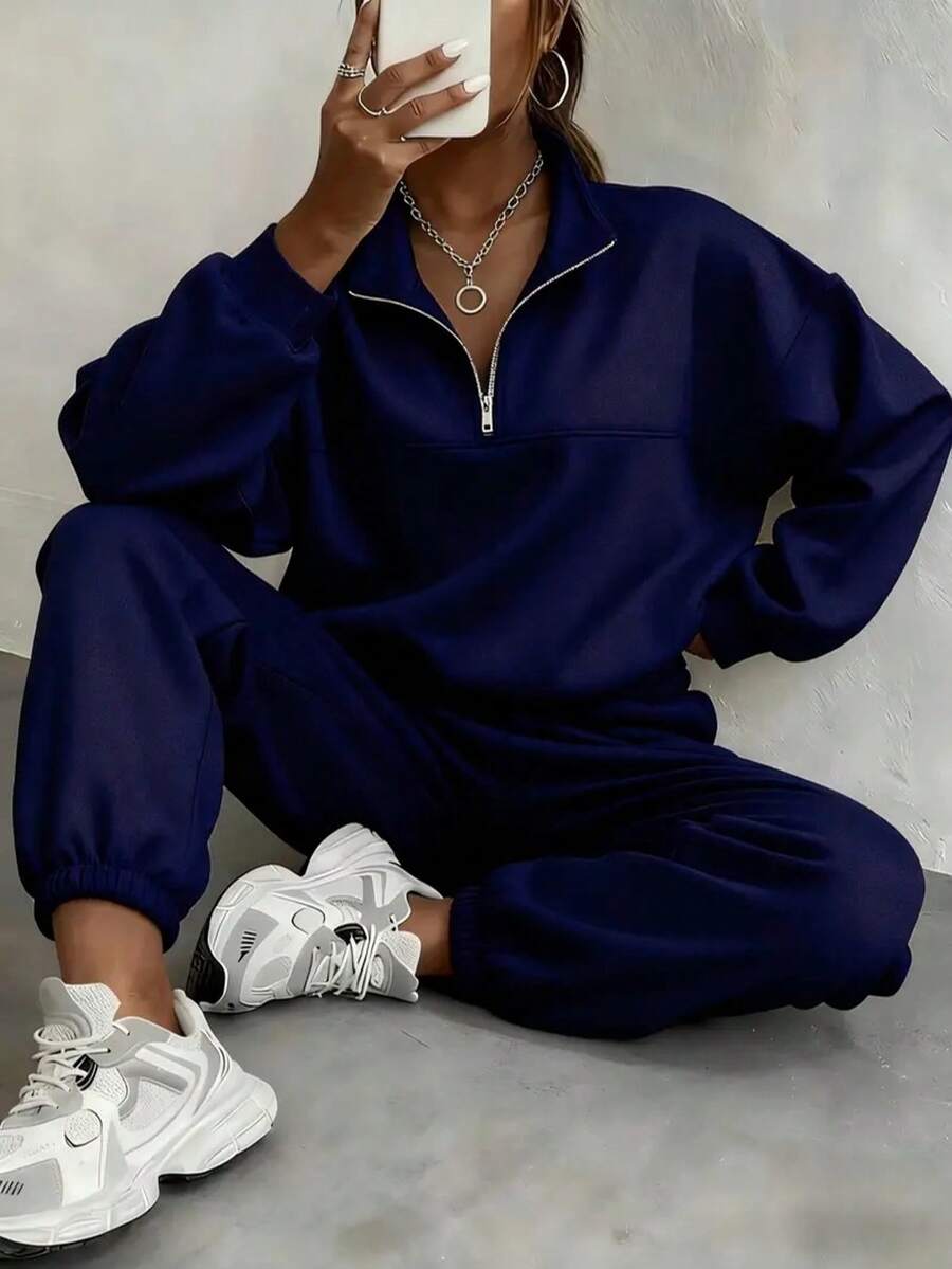 Women's Fleece-Lined Two-Piece Tracksuit - Loose Fit Autumn Casual Wear, Comfortable Sporty And Relaxed Style, Suitable For Loungewear (Multiple Colors) - 藍色 - 查看 1