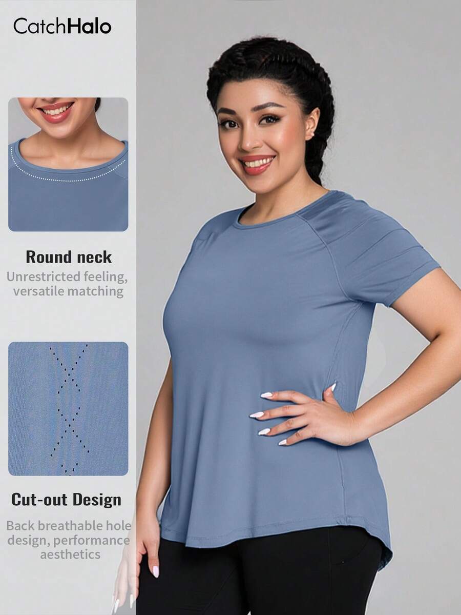 Plus Size Women's Short Sleeve Fitness T-Shirt, Round Neck Raglan Sleeve Design, Breathable Perforated Back, Quick-Dry Fabric, Hip-Covering Summer - Blue - View 1