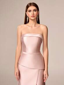 Elisanya Gaun Maxi Tanpa Tali yang Elegan untuk Wanita, Menampilkan Renda Kontras dan Desain Belahan Tinggi, Kain Tenun, Cocok untuk Pesta Malam Formal - Baby Pink - View 9