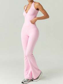Women's Seamless High-Waisted Yoga Jumpsuit For Gym Running Training All-Season Athletic Wear Bodysuit Sleeveless Backless Slim Fit Halter Neck Activewear Clothing - 粉色 - 查看 5