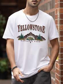 Men's Casual Letter & Mountain Print Round Neck Short Sleeve T-Shirt, Summer
