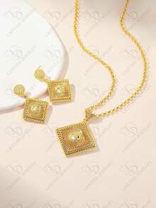 Bộ trang sức nữ mạ vàng hạt đồng 2 món - bông tai và dây chuyền, thích hợp cho tiệc tùng, đám cưới, kỷ niệm, quà tặng ngày lễ, và đeo hàng ngày. - Vàng - Xem 2