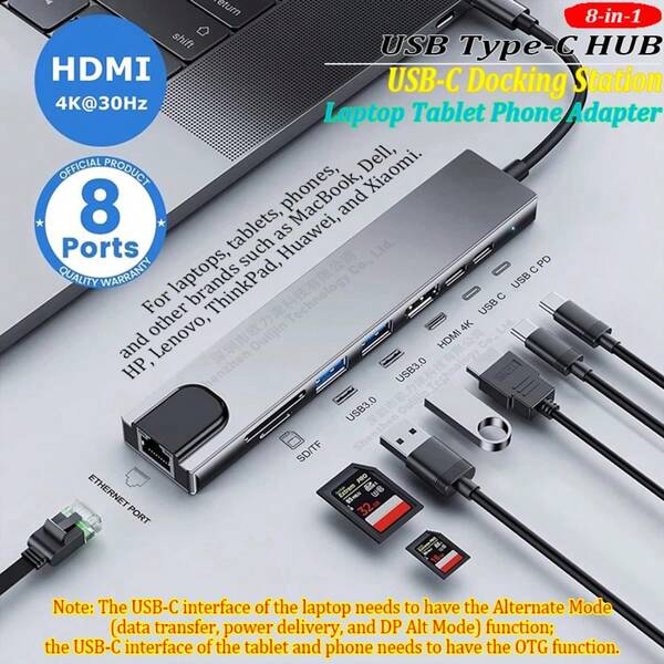 8-In-1 USB-C Hub Type-C To HDTV USB PD SD Micro SD Adapter USB-C Laptop Docking Station