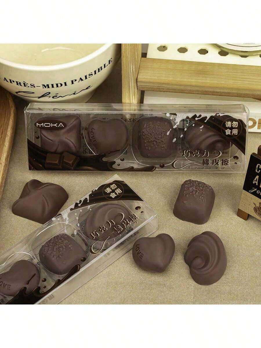 巧克力橡皮擦 - 一套4个创意零食造型橡皮擦，逼真的黑色巧克力橡胶橡皮擦，适合成人、返校季、趣味独特的文具、圣诞礼物 - 彩色 - 查看 1