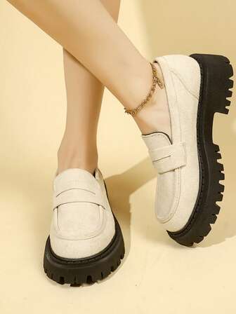 Mocasines sin cordones para mujer, zapatos casuales de punta redonda con suela gruesa, estilo universitario de moda