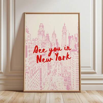 1幅粉色纽约城市景观印刷品：中世纪现代旅行海报，帆布墙画，房间装饰，适用于客厅、卧室、办公室、酒吧墙面装饰，无框