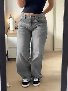 Quần jeans ống rộng kiểu vintage thời trang mới dành cho nữ, quần denim ống đứng dáng suông, cạp trung, đa năng, phù hợp cho mọi mùa xuân. - Màu Xám nhạt - Xem 6