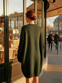 1pc Loose Solid Ribbed Knit Pullover Sweater Dress, Casual Everyday Wear, Autumn/Winter - Olive Green - View 8