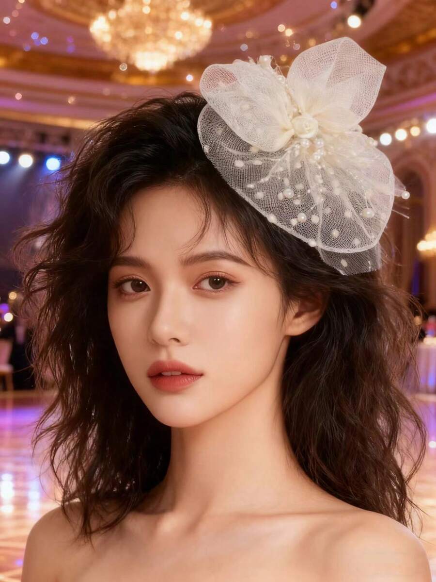 小号玫瑰花头饰，波点网纱点缀，适用于宴会、发饰、德比帽、迷你帽、小礼帽、迷你高顶礼帽、迷你鸭舌帽、学校用品、礼物、婚礼、派对造型、优雅气质、节日装扮、锐舞派对配饰、晚宴等场合。