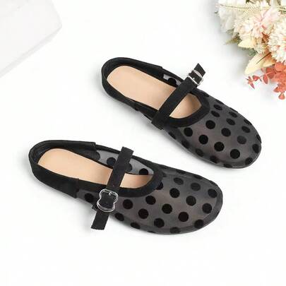 Plus Size Mesh Breathable Polka Dot Round Toe Flat Slip-On Mules