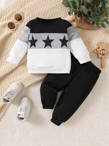 2pcs/Set Boys' Casual Color Block Round Neck Long Sleeve Star Print Sweatshirt And Pants Set, Spring/Autumn - Multicolor - View 2