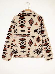 Acelitt Women's Apricot Western Style Geometric Pattern Print Half-Zip Button Casual Stand Collar Fleece Sweatshirt, Winter - Apricot - View 4
