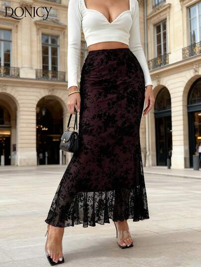 DONICY Falda de mujer con estampado jacquard de unicolor, bajo de cola de sirena semitransparente con forro, elegante y versátil, color negro, adecuada para citas, compras, ir al trabajo, invitados de boda, Navidad, fiesta de Año Nuevo