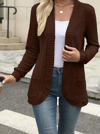 Women's Long Sleeve Polyester Ribbed Deep V-Neck Regular Length Cardigan With Pockets Spring