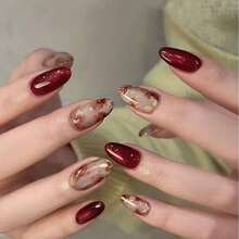 一套10款椭圆形金边红色渐变花卉全覆盖美甲图案，时尚精致，轻松打造美甲造型。为时尚女孩的指尖增添浪漫气息，巧妙展现大胆的时尚风格。非常适合派对、舞会和日常穿着。是送给女士和女孩的绝佳礼物。