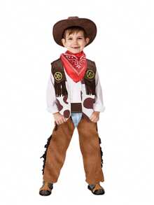 4pcs/Set Children's Cosplay Costume Set For Boys, Western Cowboy Style Outfit (Vest + Pants + Hat + Scarf) - Coffee Brown - View 4