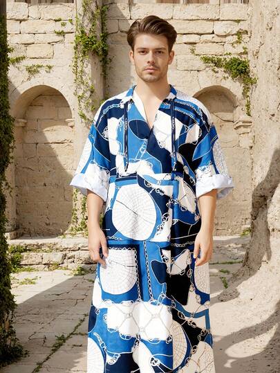 Herrblå & vit kedjetryckt lång kaftan - Lyxig, konstnärlig mönster, lös passform, iögonfallande morgonrock, snygg & mångsidig för historiska utflykter, bohemiska äventyr & sommarmodeutflykter, presenter till män