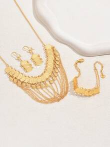 Bộ 4 món trang sức dự tiệc tối giản, thanh lịch, vòng cổ tua rua cá nhân hóa thời trang, mặt dây chuyền hình đồng xu, hoa tai phong cách cổ điển, vòng tay cho nữ - A - Xem 3