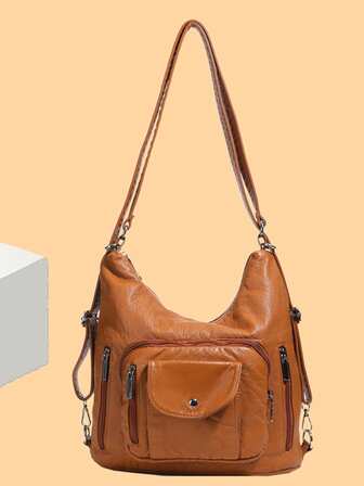 Fashionable Solid Color Retro Casual Multi-Pocket Elegant Convertible Shoulder/Crossbody Bag For Women