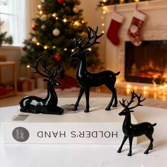 3个黑色塑料鹿摆件，适合圣诞装饰、家居装饰、客厅电视柜、书架等，礼盒包装