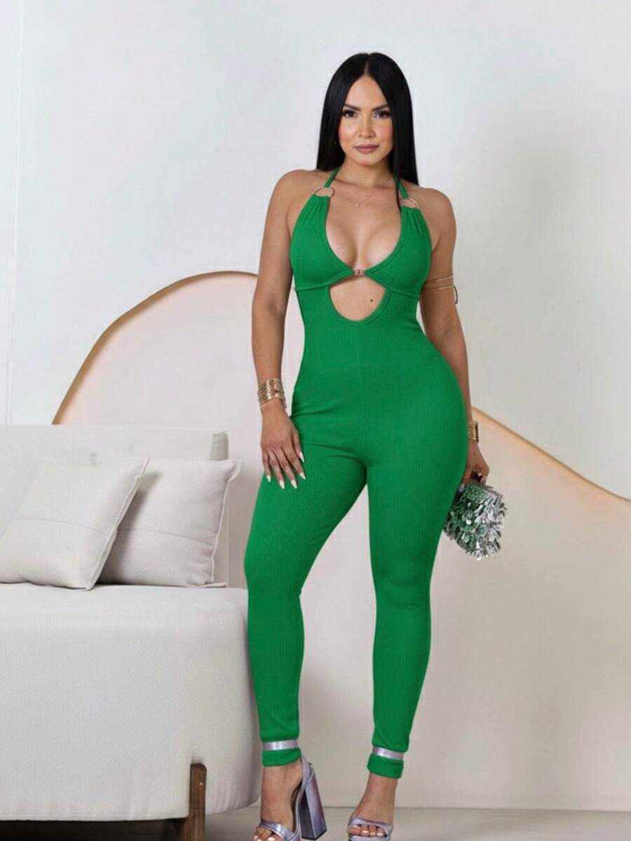 Perla Jumpsuit - Women's Skinny Jumpsuit With Tie Neck And Halter Neck Tie Back - Perfect For Christmas, New Year's Eve, And New Year's Eve - Women's Dresses - 綠色 - 查看 1