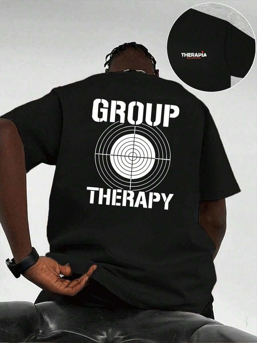 Camiseta gráfica de terapia grupal de talla grande. Algodón premium, ajuste cómodo, transpirable, hip-hop callejero, estampado artístico, impresión a doble cara. - Negro - Ver 1