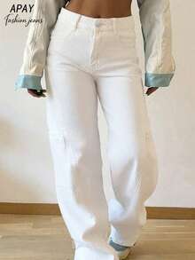 Women's Mid-Rise Straight-Leg White Patchwork Casual Cargo Jeans - Suitable For Daily Commute And Streetwear Spring - White - View 4