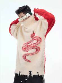 Autumn And Winter Styles, New Styles, Christmas Red Sweater, Faux Mink Fur, Snake, Pearl Embellishment, Fashionable, Contrasting Colors, Diagonal Zipper, Casual, Street Style, Handsome, Sweater, High Neck, Plush, Men's Sweater, Men's Top - 紅色 - 查看 4