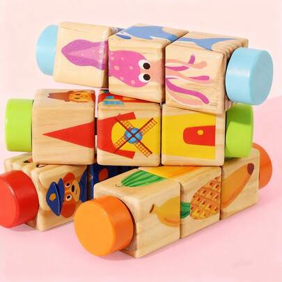 Wooden Rotating Three-Dimensional Jigsaw Puzzle Blocks, Children's Educational Toys, Cartoon Animals, Professional Jigsaw, Rotatable, Stacked Wooden Enlightenment Toys, Baby, Hands-On, Brain-Good Things, Christmas Gifts/School/Holiday Gifts Preferred