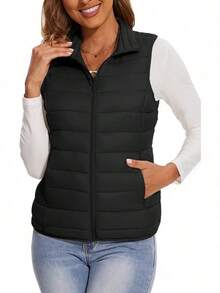 2026 Women's Essential Warm Vest  Lightweight Quilted Puffer Vest Sleeveless Stand Collar Zip-Up Padded Outerwear Gilet ,Classic Versatile For Seasonal Outdoor Use - màu đen - Xem 1