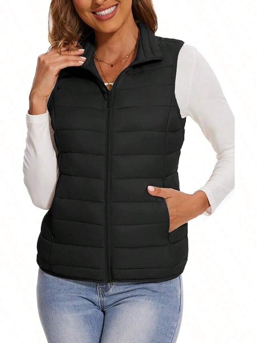 2026 Women's Essential Warm Vest Lightweight Quilted Puffer Vest Sleeveless Stand Collar Zip-Up Padded Outerwear Gilet ,Classic Versatile For Seasonal Outdoor Use - màu đen - Xem 1