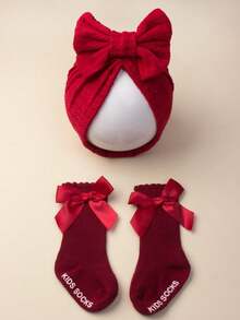 1 Set Mädchen Schleifenhut und 1 Paar Schleifen Socken, geeignet für Baby Mädchen im Herbst und Frühling, kann auch als Dekoration für Feiertage, Jahrestage oder Feiern verwendet werden - Verschiedenfarbig - Übersicht 14