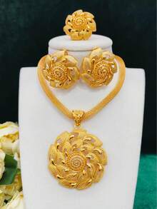1 Necklace, 1 Ring, 1 Pair Earrings Gold-Plated Floral Pendant Jewelry Set, 3pcs, Fashion Jewelry Suit For Women, Suitable For Saudi Arabian, Middle Eastern, Dubai, European And American Brides, Wedding, Party, Date, Dress Accessories, Christmas, New Year, Valentine's Day, Halloween, Holiday Gift, Daily Wear, Gift For Mom, Girlfriend, Sister - Yellow Gold - View 11
