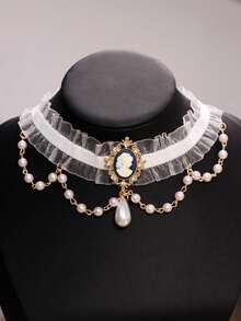 1pc Vintage Elegant Fashion Minimalist Unique Black & White Lace Pearl Tassel Lady Portrait Choker Necklace, Suitable For Daily Commute, Festivals, Parties, Women Jewelry